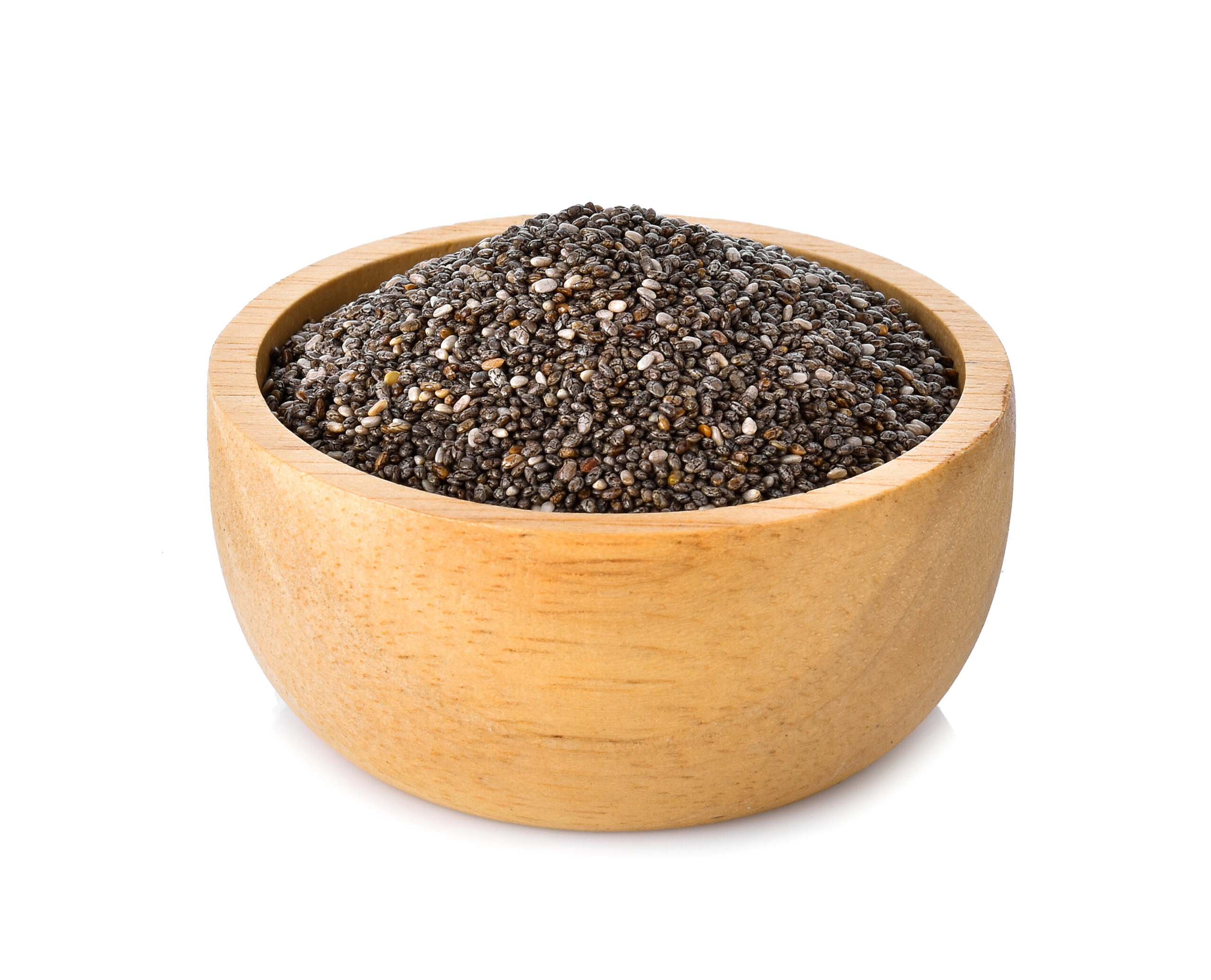 Chia Seeds In Wood Bowl On White Background